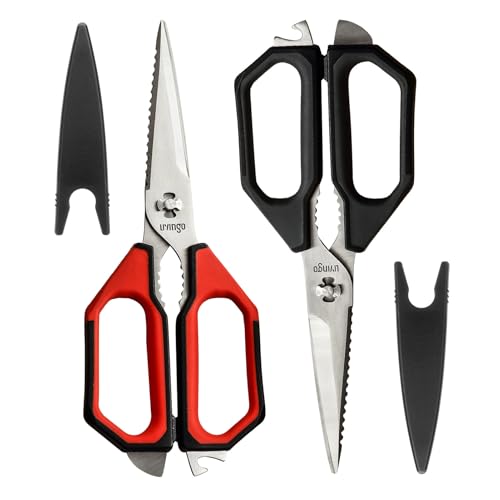 LIVINGO Kitchen Scissors Set All Purpose - Heavy Duty Stainless Steel Come Apart Food Shears for Cutting Meat, Vegetables, Dishwasher safe, 2 Pack, Red Black Multi-Function Handles - Image 1