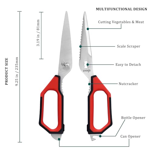 LIVINGO Kitchen Scissors Set All Purpose - Heavy Duty Stainless Steel Come Apart Food Shears for Cutting Meat, Vegetables, Dishwasher safe, 2 Pack, Red Black Multi-Function Handles - Image 2