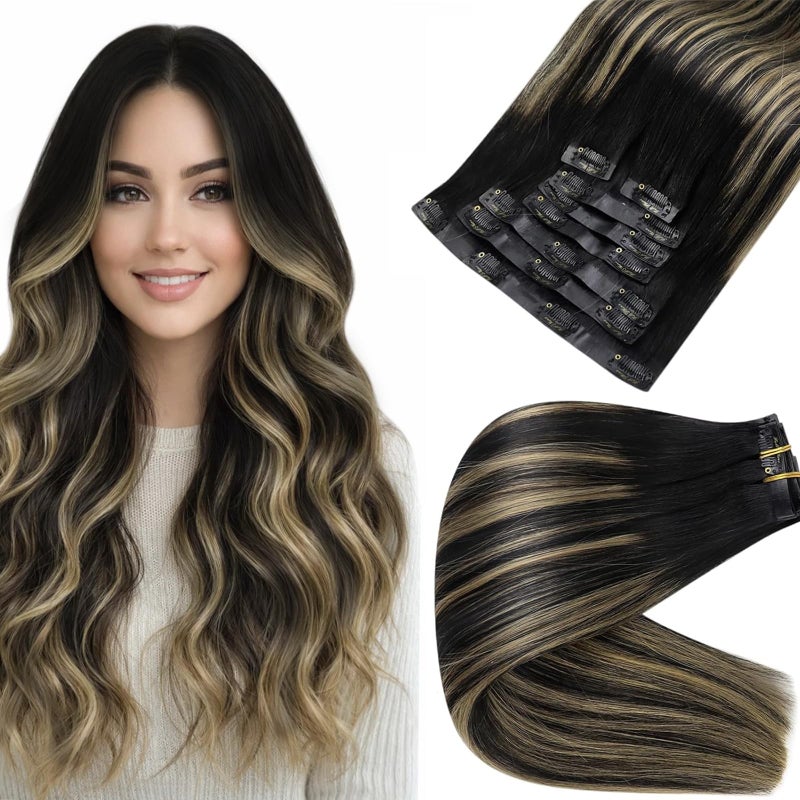 Full Shine Real Hair Clip in Extensions Balayage Seamless Clip ins Off Black to Black With Caramel Blonde Invisible Hair Extension Black Remy Natural Hair Longevity 120 Grams 18 Inch 8 Pcs - Image 1