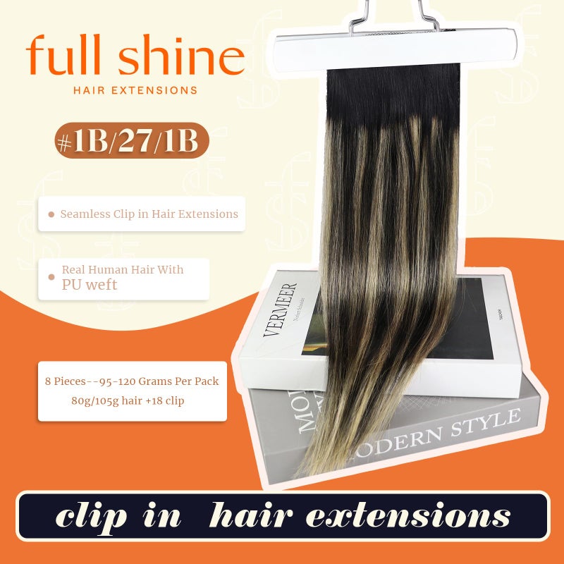 Full Shine Real Hair Clip in Extensions Balayage Seamless Clip ins Off Black to Black With Caramel Blonde Invisible Hair Extension Black Remy Natural Hair Longevity 120 Grams 18 Inch 8 Pcs - Image 2