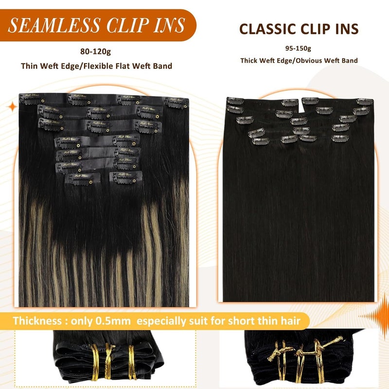 Full Shine Real Hair Clip in Extensions Balayage Seamless Clip ins Off Black to Black With Caramel Blonde Invisible Hair Extension Black Remy Natural Hair Longevity 120 Grams 18 Inch 8 Pcs - Image 4