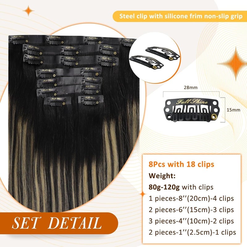 Full Shine Real Hair Clip in Extensions Balayage Seamless Clip ins Off Black to Black With Caramel Blonde Invisible Hair Extension Black Remy Natural Hair Longevity 120 Grams 18 Inch 8 Pcs - Image 3