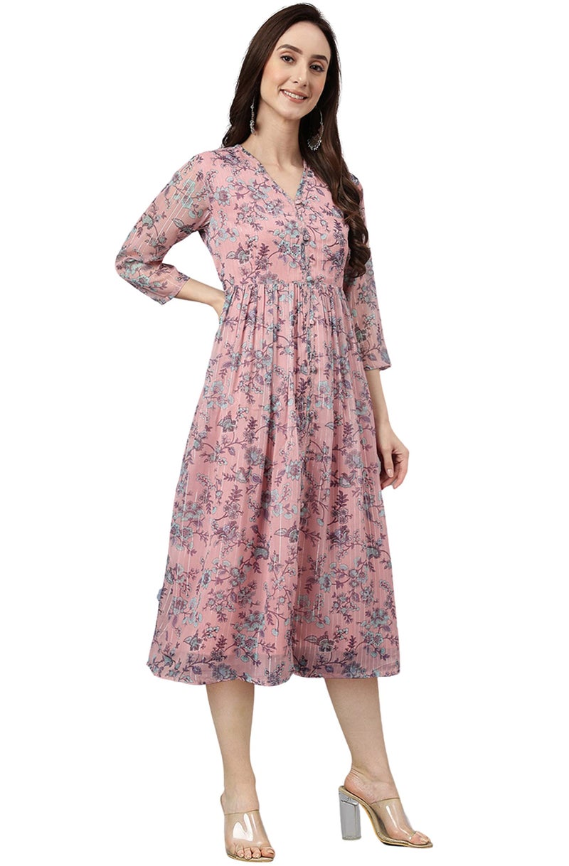 Janasya Women's Pink Chiffon Lurex Floral Printed Flared Dress(JNE4119-DR-L) - Image 2