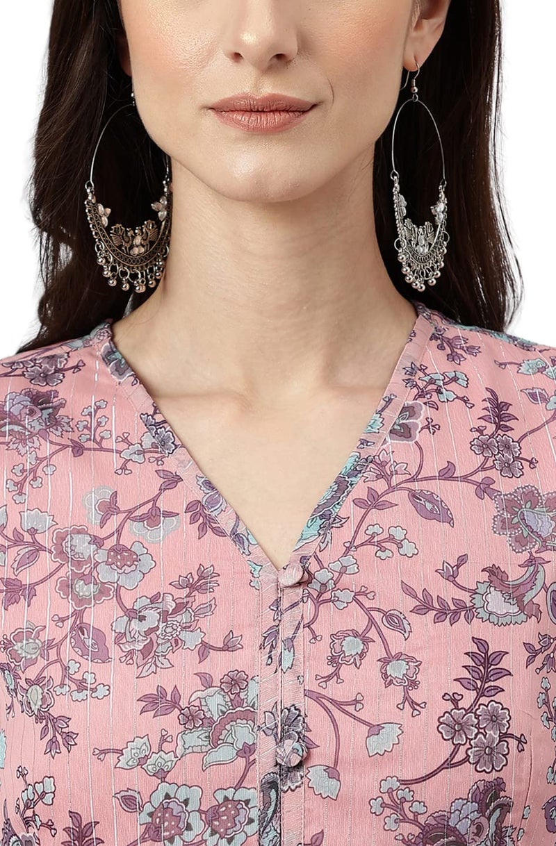 Janasya Women's Pink Chiffon Lurex Floral Printed Flared Dress(JNE4119-DR-L) - Image 4