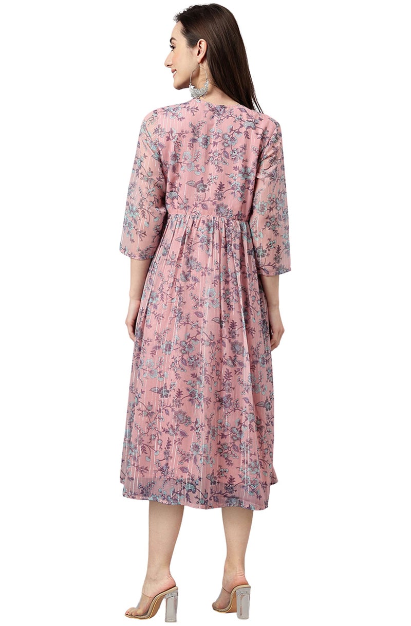 Janasya Women's Pink Chiffon Lurex Floral Printed Flared Dress(JNE4119-DR-L) - Image 3