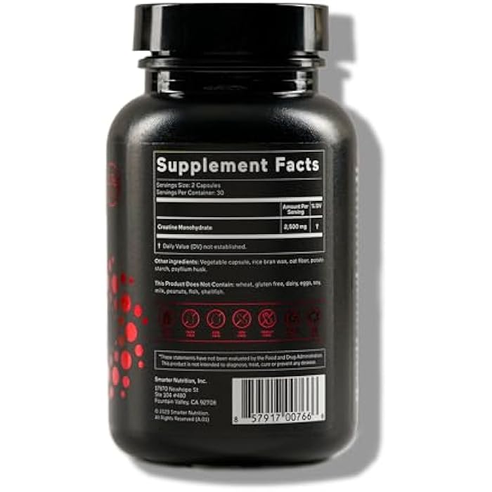 SMARTERNUTRITION Creatine Monohydrate Pills with 2500mg (2.5g) Per Serving, Vegan Capsules - Pre & Post Workout Recovery Support, Promotes Muscle Mass &. Endurance - 60 Count[30-Day Supply] - Image 3