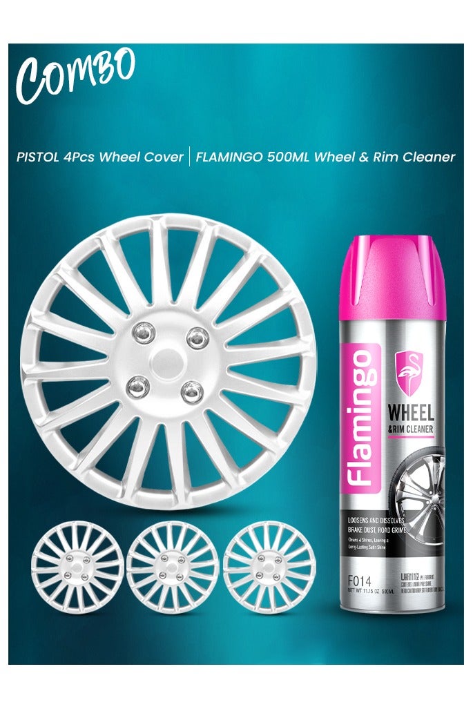 Set of 4 Silver 14-Inch Wheel Covers with Flamingo 500ml Wheel & Rim Cleaner – Universal Fit Hub Caps, Safe for Alloy & Chrome Wheels, Easy Spray Application_ - Image 1