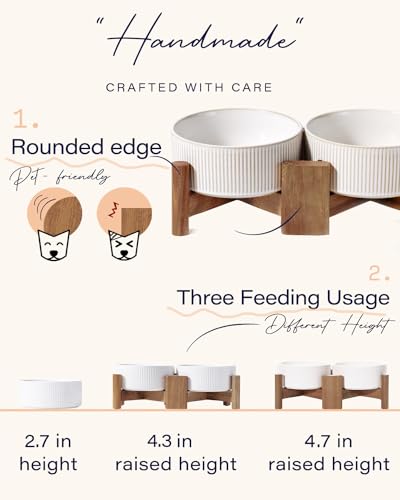 Getstar Ceramic Dog Bowls with Acacia Wood Stand, 30 fl oz, Set of 2, Dog Food Bowl, Cat Bowls (6.5 inches) (Vintage White) - Image 3