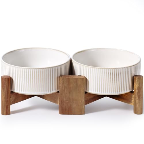 Getstar Ceramic Dog Bowls with Acacia Wood Stand, 30 fl oz, Set of 2, Dog Food Bowl, Cat Bowls (6.5 inches) (Vintage White) - Image 1