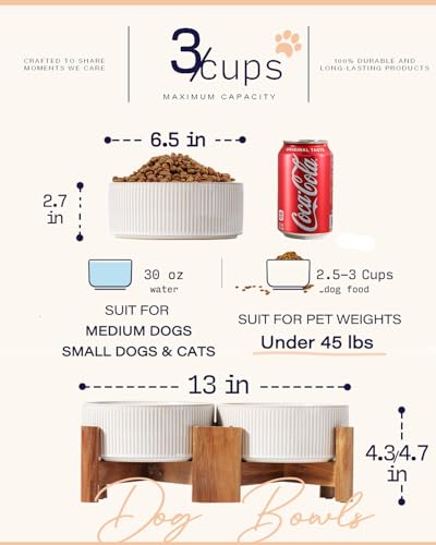 Getstar Ceramic Dog Bowls with Acacia Wood Stand, 30 fl oz, Set of 2, Dog Food Bowl, Cat Bowls (6.5 inches) (Vintage White) - Image 4