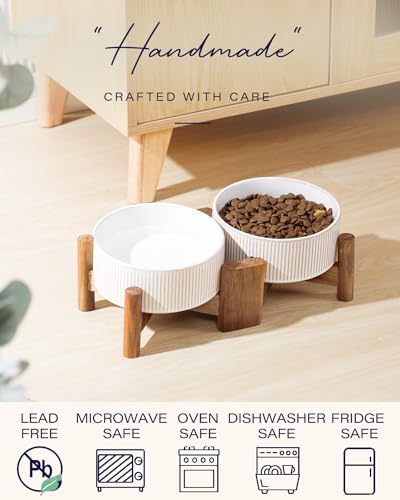 Getstar Ceramic Dog Bowls with Acacia Wood Stand, 30 fl oz, Set of 2, Dog Food Bowl, Cat Bowls (6.5 inches) (Vintage White) - Image 5
