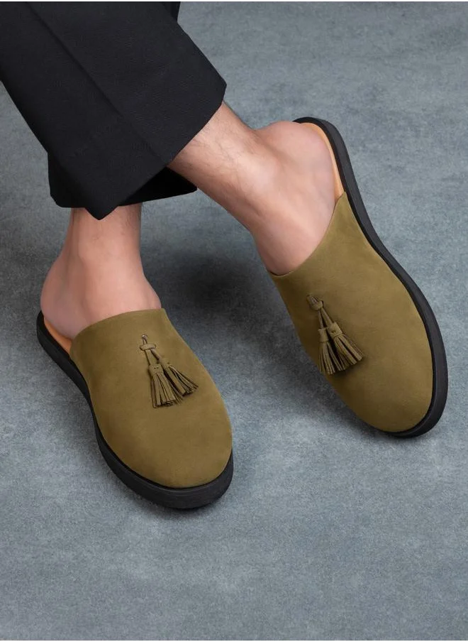 Styli Suede Clogs with Tassel Detail