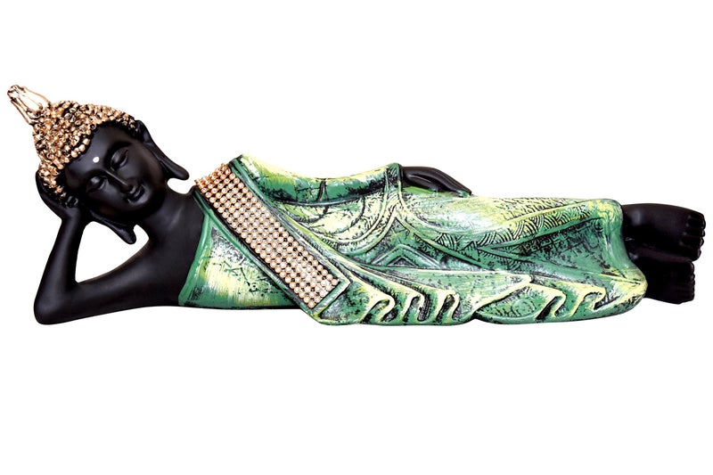 Mariner's Creation POLYRESIN & WOODEN TRAY Divine Resting Buddha Idol - 32X11X12 cm, Green. - Image 4