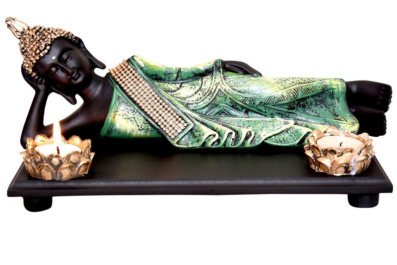 Mariner's Creation POLYRESIN & WOODEN TRAY Divine Resting Buddha Idol - 32X11X12 cm, Green. - Image 1