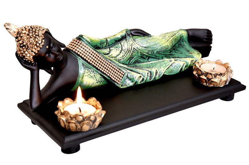 Mariner's Creation POLYRESIN & WOODEN TRAY Divine Resting Buddha Idol - 32X11X12 cm, Green. - Image 2