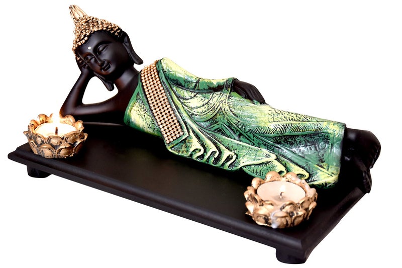Mariner's Creation POLYRESIN & WOODEN TRAY Divine Resting Buddha Idol - 32X11X12 cm, Green. - Image 3