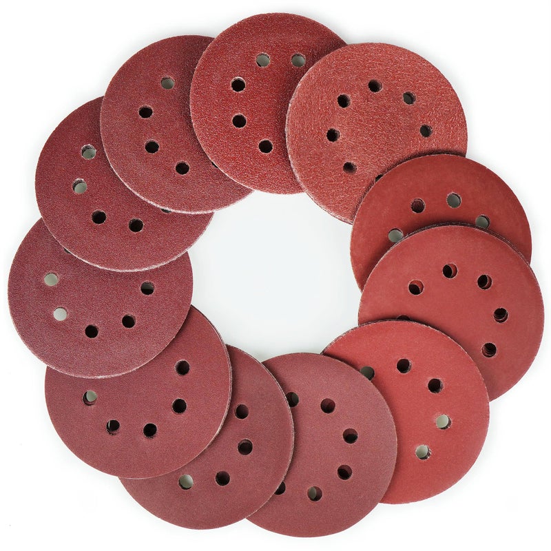 LotFancy 110 PCS 5 Inch 8 Hole Sanding Disc, 40 60 80 100 120 180 240 320 400 800 1000 Grit Aluminum Oxide Sandpaper Assortment, Sand Paper for Wood, Plastic, Rust Removal, Random Orbital Sander Pads - Image 1