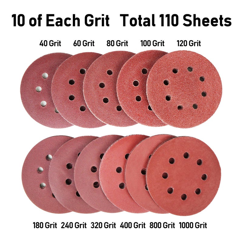 LotFancy 110 PCS 5 Inch 8 Hole Sanding Disc, 40 60 80 100 120 180 240 320 400 800 1000 Grit Aluminum Oxide Sandpaper Assortment, Sand Paper for Wood, Plastic, Rust Removal, Random Orbital Sander Pads - Image 2