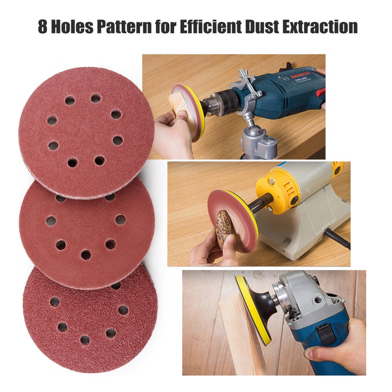 LotFancy 110 PCS 5 Inch 8 Hole Sanding Disc, 40 60 80 100 120 180 240 320 400 800 1000 Grit Aluminum Oxide Sandpaper Assortment, Sand Paper for Wood, Plastic, Rust Removal, Random Orbital Sander Pads - Image 5