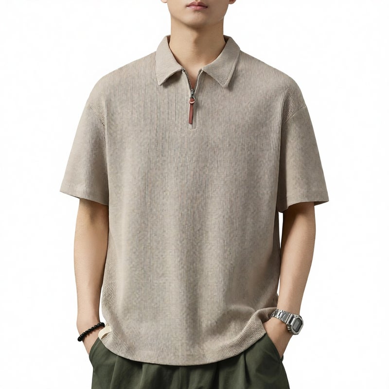 Men's Heavyweight Short Sleeve Half Zip Polo Shirt with Waffle Embroidery - Image 1