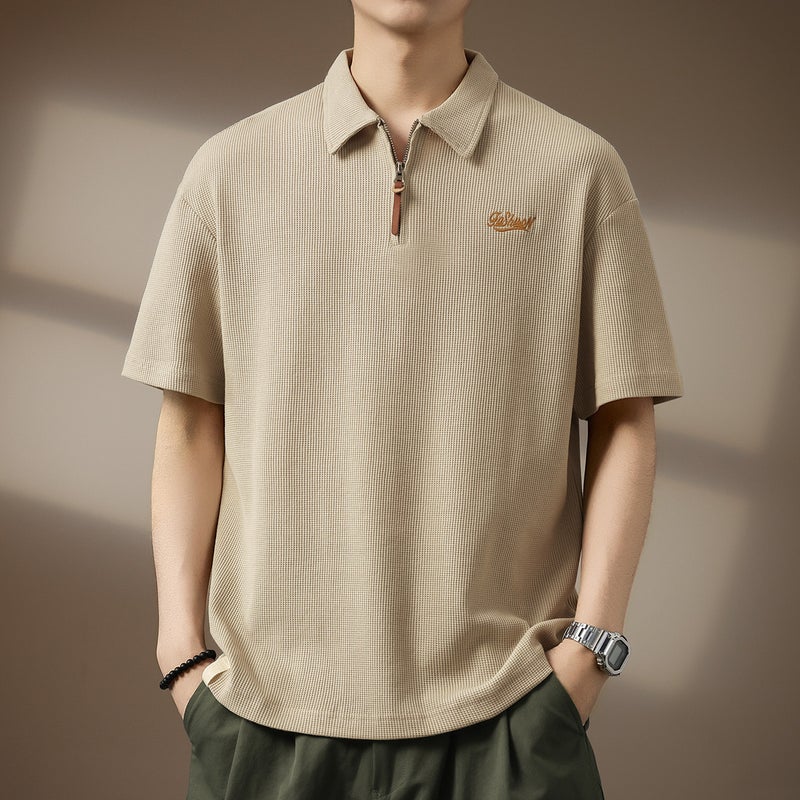 Men's Heavyweight Short Sleeve Half Zip Polo Shirt with Waffle Embroidery - Image 2