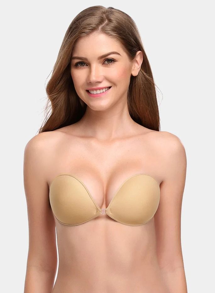 Adhesive Bra Reusable Strapless Self Silicone Push-up Invisible Sticky Backless Bra Beige D - Image 1