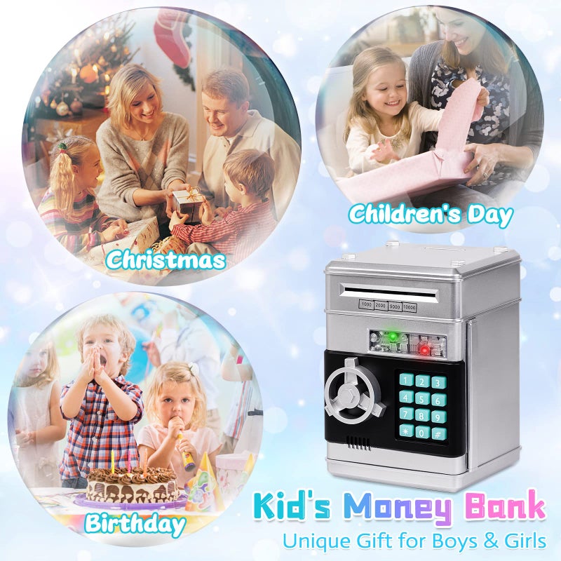 Refasy Piggy Bank Money Safe Password Money Box for Kids Ages 3+, ATM Bank Safe Coin Cash Banks Money Saving Box, Birthday for Boys Girls 3 4 5 6 7 8 9 10 Years Old (Silver) - Image 5