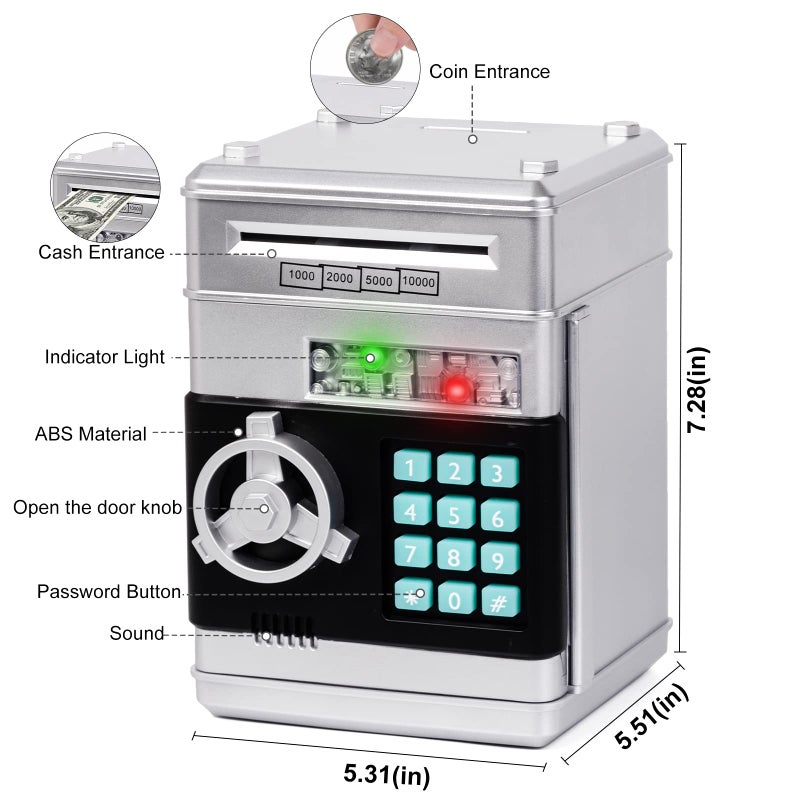 Refasy Piggy Bank Money Safe Password Money Box for Kids Ages 3+, ATM Bank Safe Coin Cash Banks Money Saving Box, Birthday for Boys Girls 3 4 5 6 7 8 9 10 Years Old (Silver) - Image 3