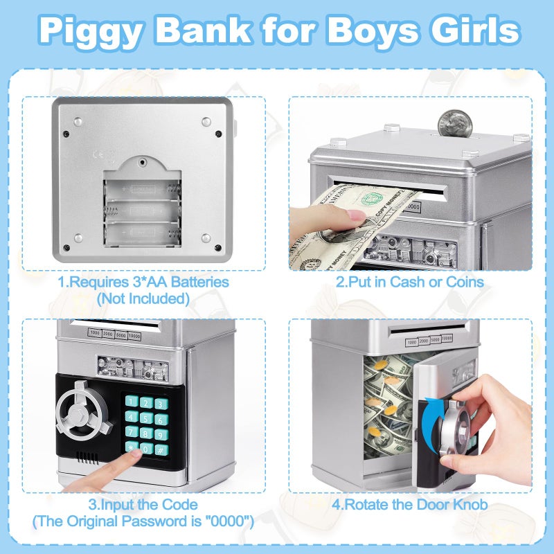 Refasy Piggy Bank Money Safe Password Money Box for Kids Ages 3+, ATM Bank Safe Coin Cash Banks Money Saving Box, Birthday for Boys Girls 3 4 5 6 7 8 9 10 Years Old (Silver) - Image 4