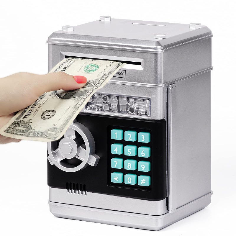 Refasy Piggy Bank Money Safe Password Money Box for Kids Ages 3+, ATM Bank Safe Coin Cash Banks Money Saving Box, Birthday for Boys Girls 3 4 5 6 7 8 9 10 Years Old (Silver) - Image 1