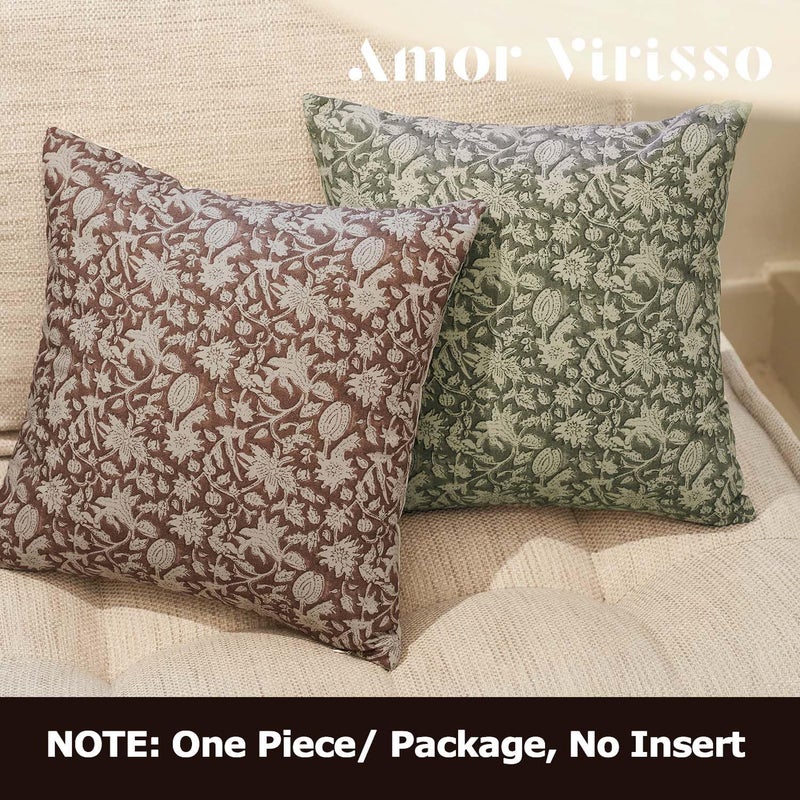 Amor Virisso , Cushion Cover 60 x 60 cm – Floral Pattern, Block Print in Country House Style, Neutral Decorative Pillow Cover as Accent for Sofa, Bed or Living Room, 1 Piece, Color: Green (Dusty Green) - Image 4