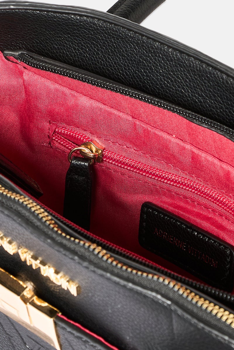 ADRIENNE VITTADINI حقيبة ساتشيل بشعار العلامة التجارية للنساء، سوداء - Image 4