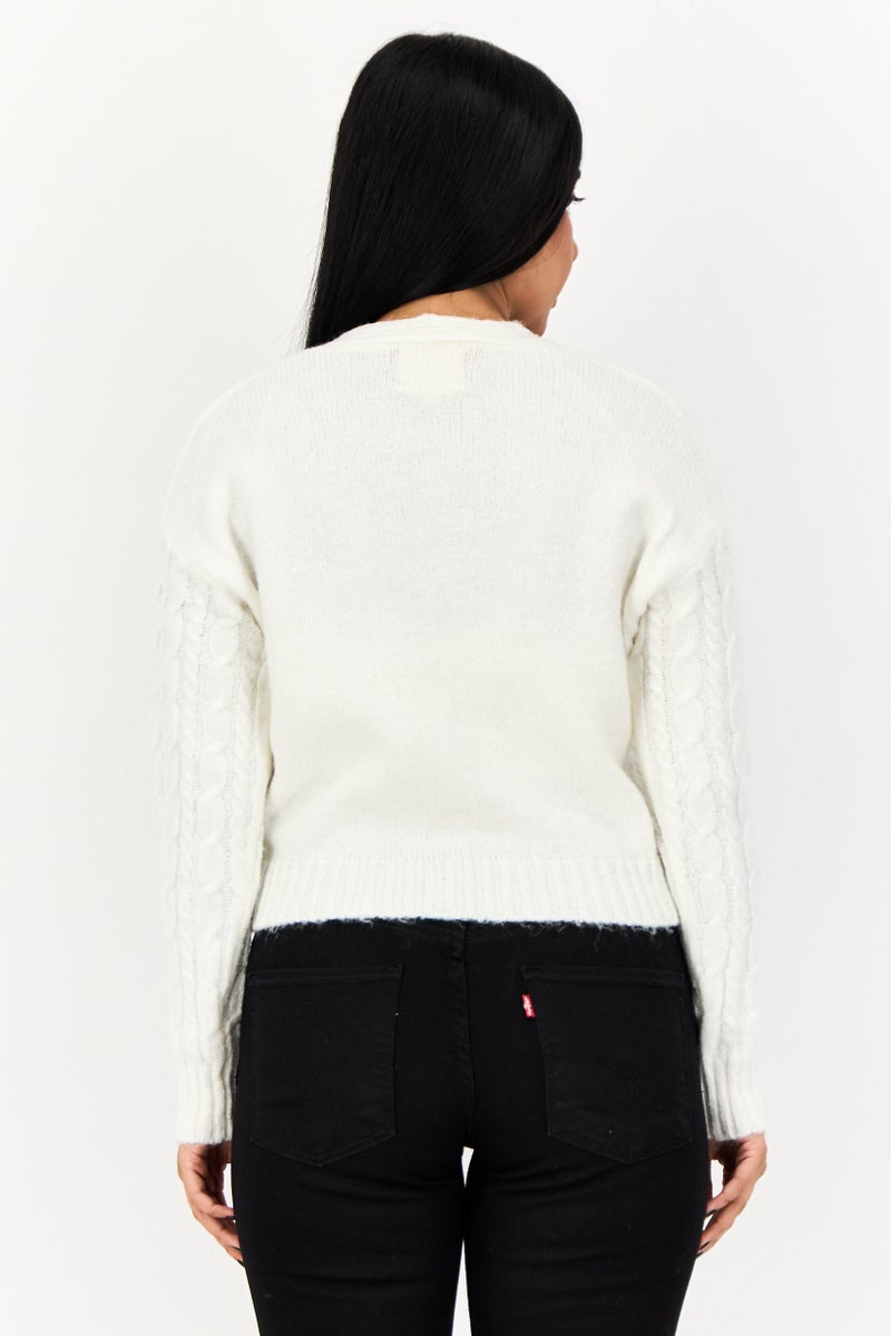 No Comment Women V-Neck Button Front Cable Chunky Cardigan, White  - Image 3