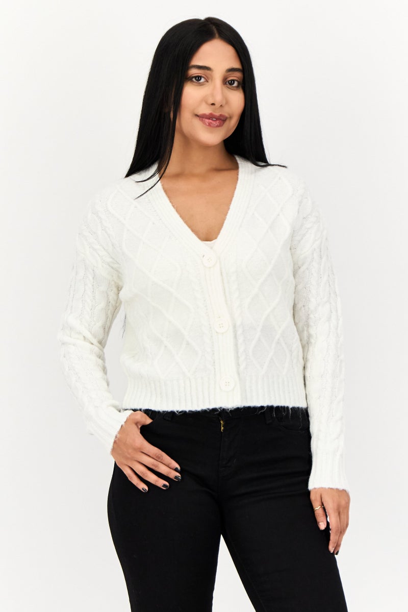 No Comment Women V-Neck Button Front Cable Chunky Cardigan, White  - Image 1