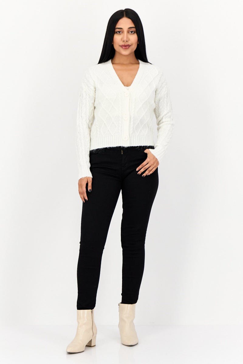 No Comment Women V-Neck Button Front Cable Chunky Cardigan, White  - Image 4