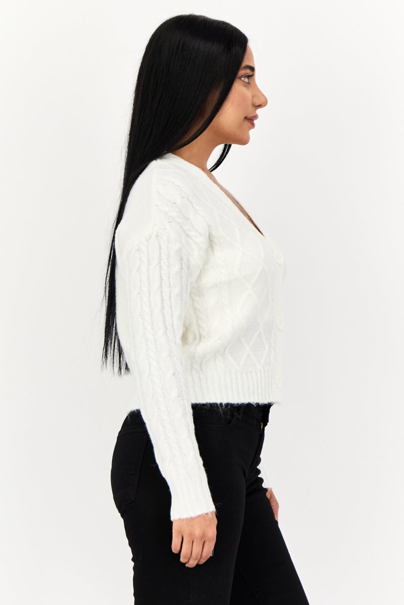 No Comment Women V-Neck Button Front Cable Chunky Cardigan, White  - Image 2