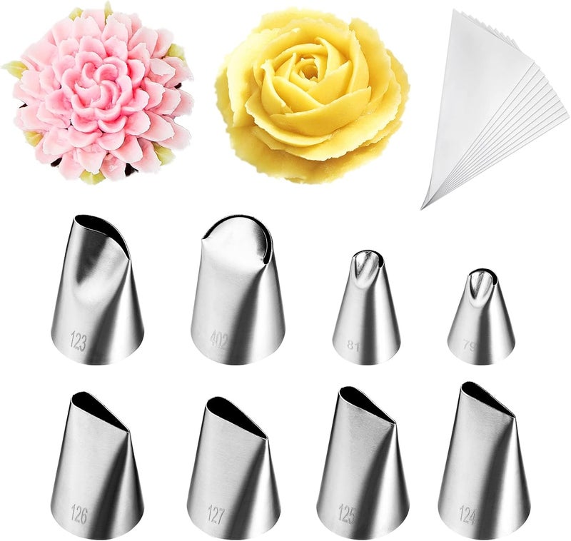 Kasmoire 8 Pcs Rose Flower Piping Tips Set,Petal Icing Tips with 10 Pcs Disposable Piping Bags for Cake Decorating - Image 1
