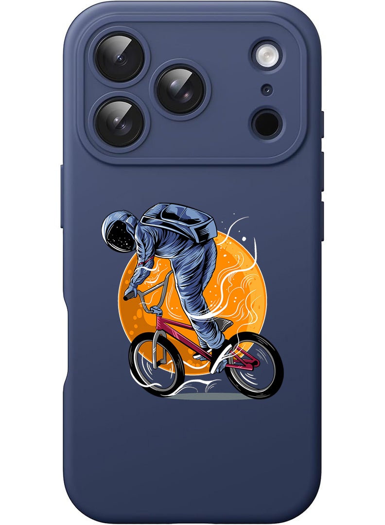 Theodor Protective Slim Fit Case Liquid Silicone Cover with Full Body Protection Anti-Scratch Shockproof Case For Apple iPhone 17 Pro (Blue) Astronaut riding Bike - Image 1
