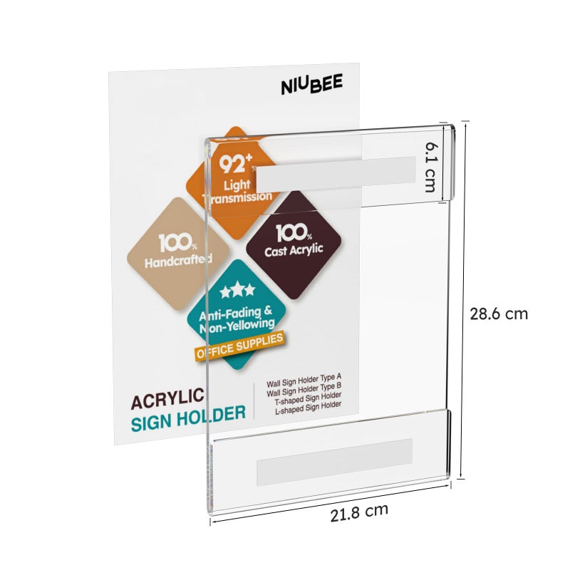 NIUBEE 8.5x11 Clear Acrylic Plexi Sign Holders with Double Sided Adhesive Tape, Wall Sign Memo Document Menu Holder for Office, Home, Store, Restaurant-No Drilling (6 Pack) - Image 2