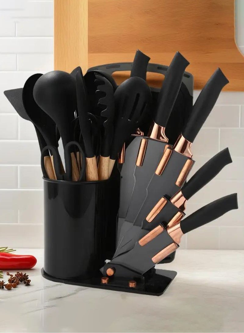 19-Piece Stainless Steel Kitchen Knife And Silicone Spoon Black Cooking Set - Image 1