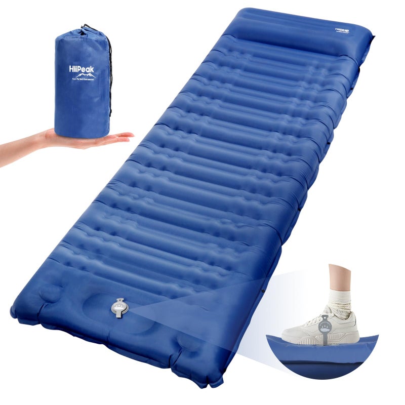 HiiPeak Ultralight Inflatable Sleeping Mat with Builtin Foot Pump Pillow Compact Camping Air Mattress for Backpacking Hiking Navy Blue