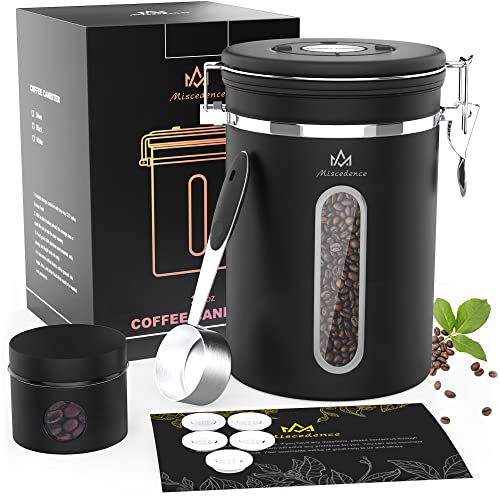 Miscedence Coffee Canister for ground coffee with Transparent Window,Date Tracker CO2 Valve 304 Stainless Steel Kitchen Food Airtight storage container for Coffee Beans or Grounds, Tea, Sugar(black 22OZ) - Image 1