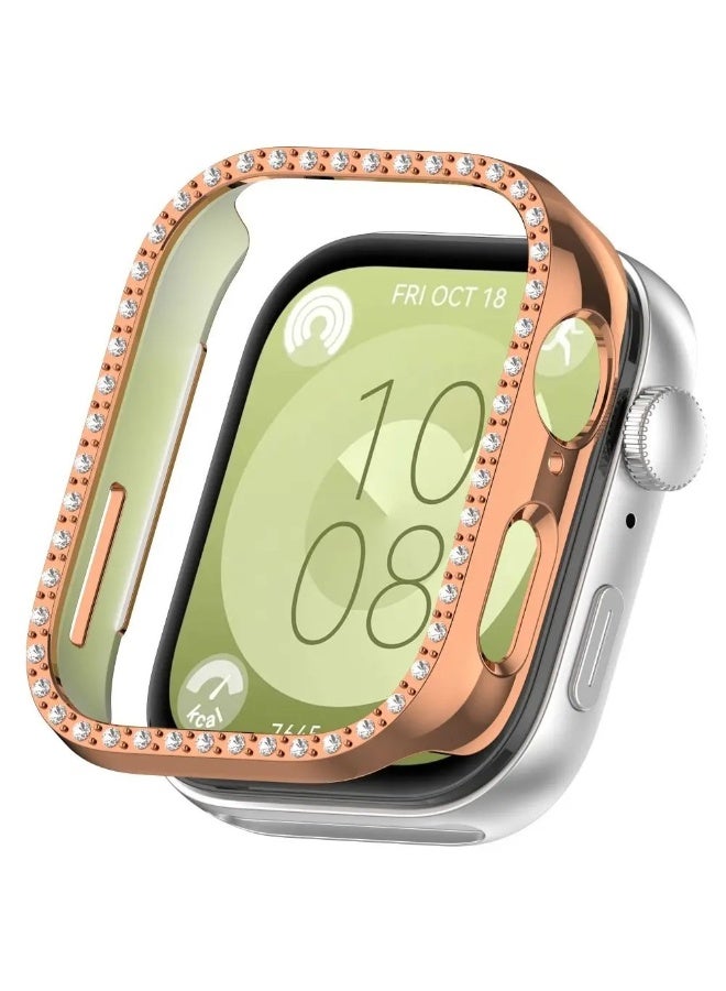 PC Diamond Protective Case Shell Smart Watch Diamond Bumper Accessories Anti-Scratch Screen Protector for Huawei Watch Fit 3 (Rose Gold) - Image 1
