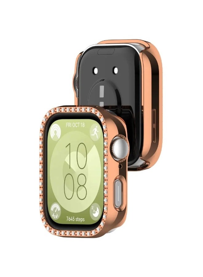 PC Diamond Protective Case Shell Smart Watch Diamond Bumper Accessories Anti-Scratch Screen Protector for Huawei Watch Fit 3 (Rose Gold) - Image 2