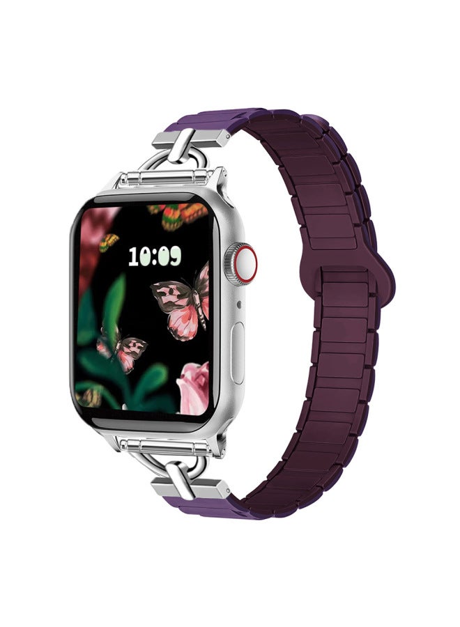 Suitable For Apple Watch For ApplewatchS10 Magnetic Two-color Small Waist Silicone Strap Girls 2025 New-Color:42/44/45/46mm Plum With Berry Purple  - Image 1