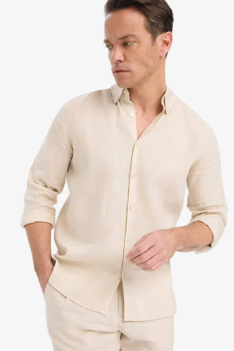 ديفاكتو Linen Regular Fit Polo Neck Summer Basic Shirt