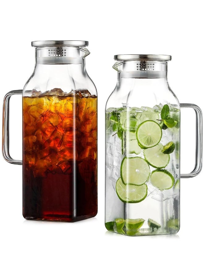2 PCS Square Glass Pitcher, 2L Square Glass with Lid and Handle for Fridge, Iced Tea and Coffee Carafe Beverage Serveware, Heat Resistant Borosilicate Water Jug for Hot/Cold Drinks and Milk