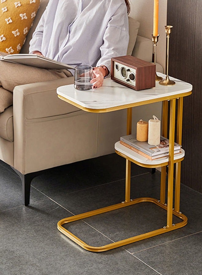 VUCATIN طاولة جانبية على شكل حرف C، طاولة C متينة ذات مستويين مع مساحة تخزين وطاولة جانبية ضيقة لغرفة المعيشة وغرفة النوم بإطار معدني، طاولة سرير صناعية صغيرة بجانب الأريكة وطاولة أريكة للمساحات الصغيرة إطار ذهبي - Image 1