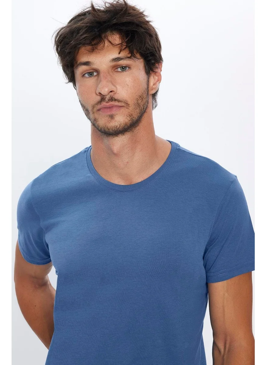 Tudors Men's Slim Fit Blue Crew Neck 100% Cotton Slim Cut Basic T-Shirt