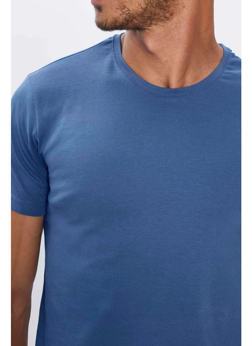 Tudors Men's Slim Fit Blue Crew Neck 100% Cotton Slim Cut Basic T-Shirt